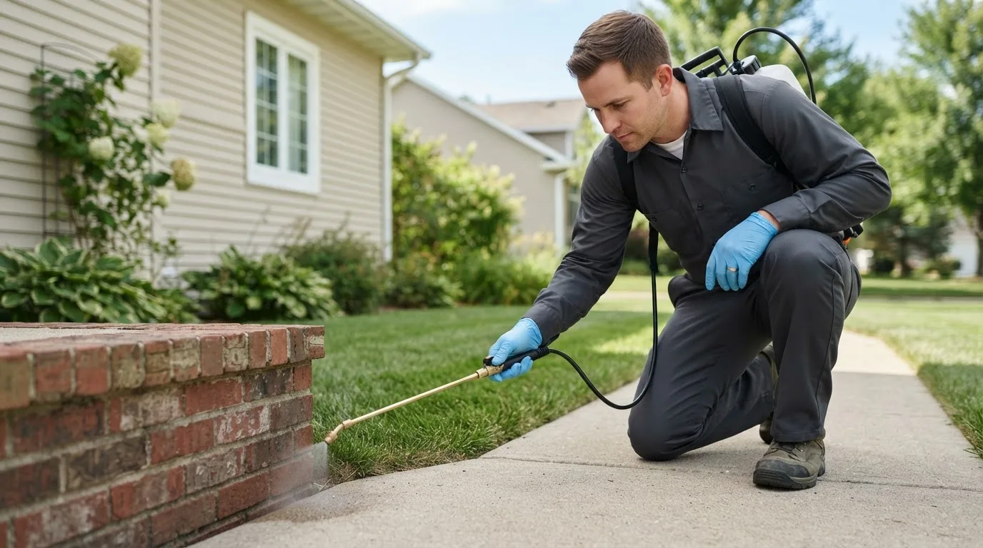 Pest control technician treating a home near Wainscott, NY